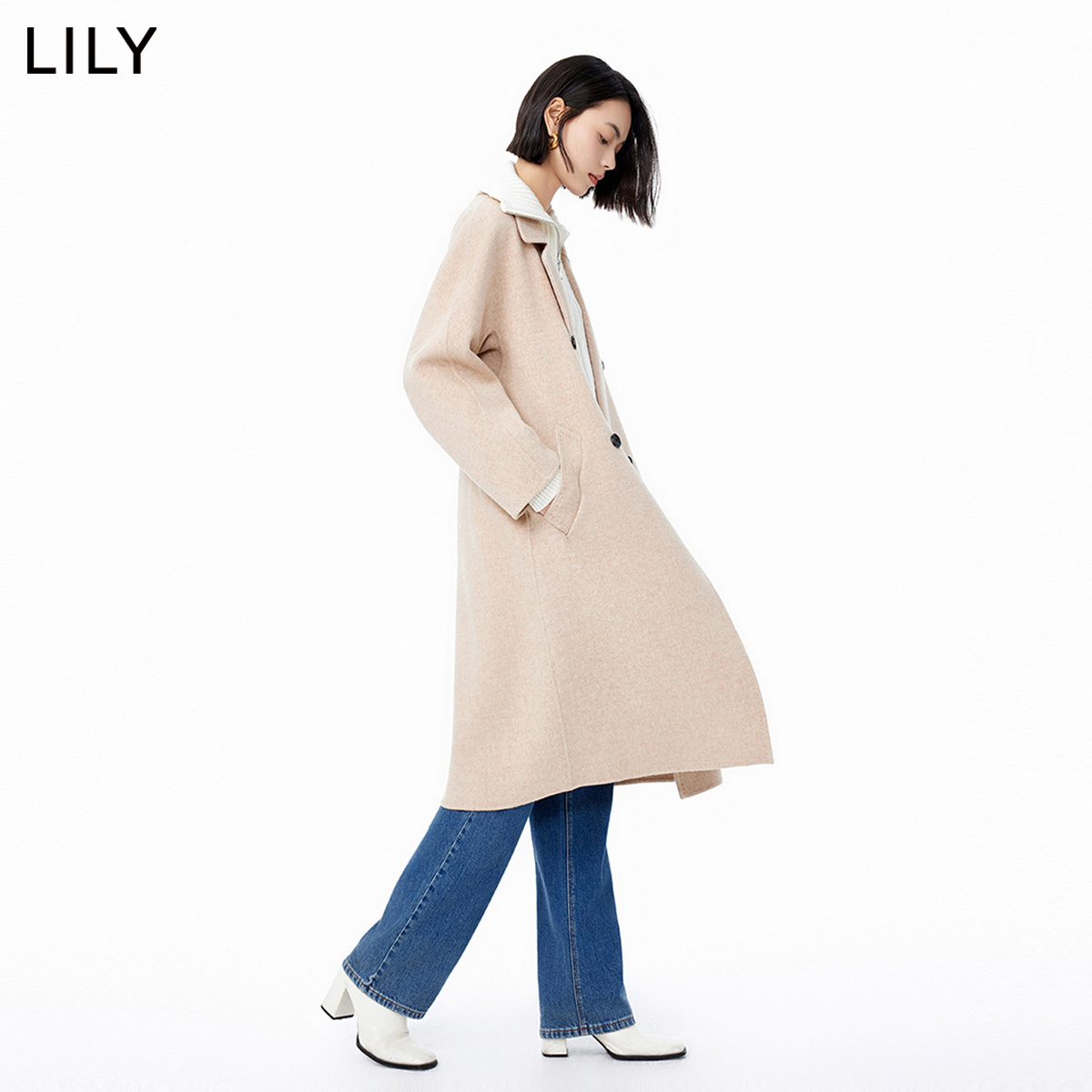 LILY2023冬新款女装零压感绵羊毛双排扣气质通勤驼色毛呢外套大衣