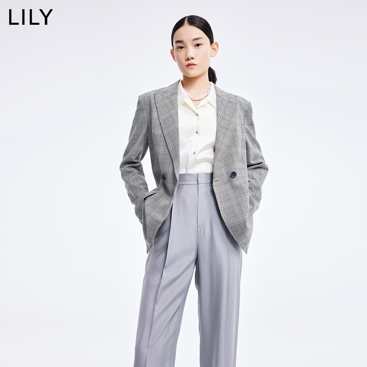 【商场同款】LILY2022夏新款女装复古小众格纹时尚休闲西装外套 - 图0