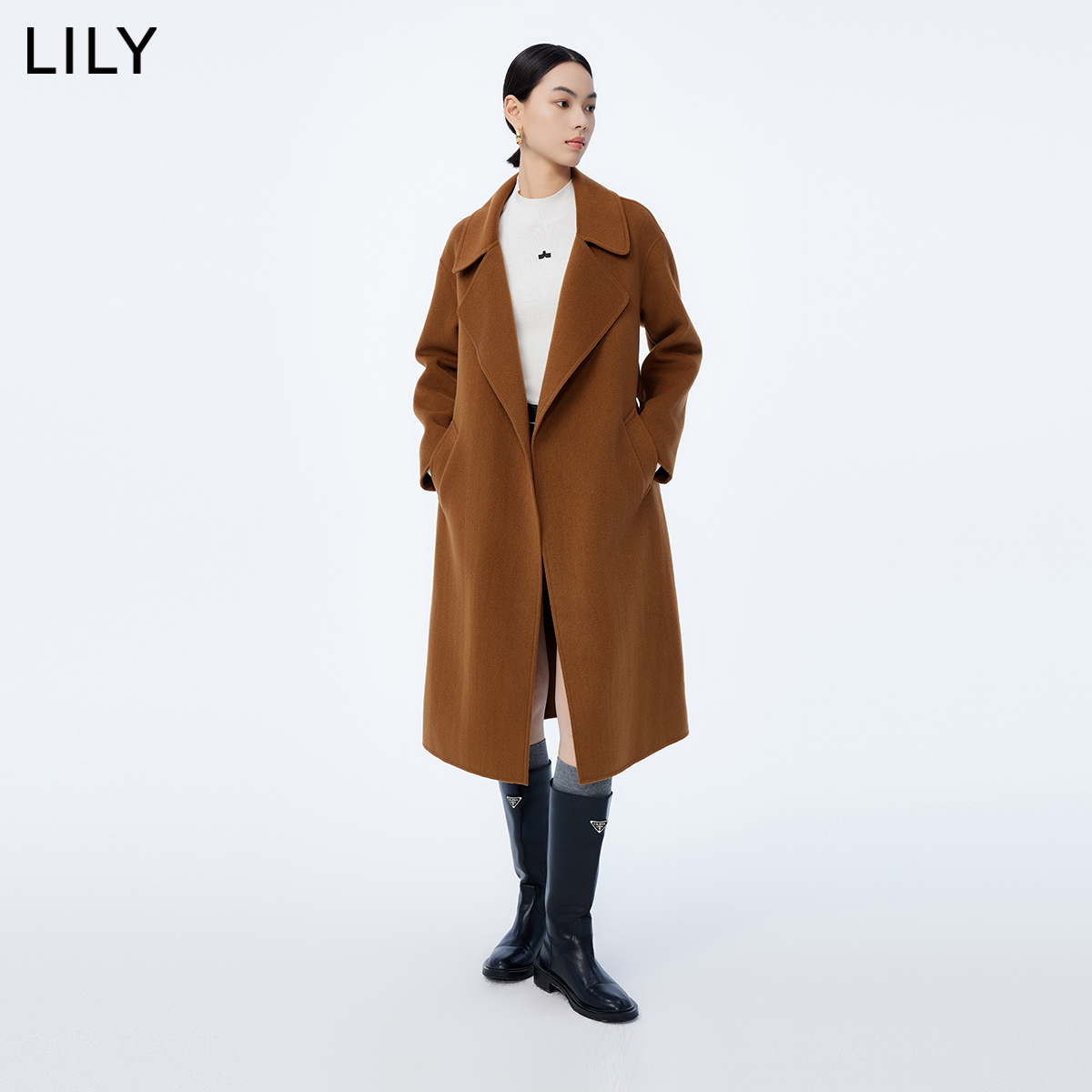 LILY2023冬新款女装美拉德全羊毛气质通勤长款双面呢毛呢外套大衣