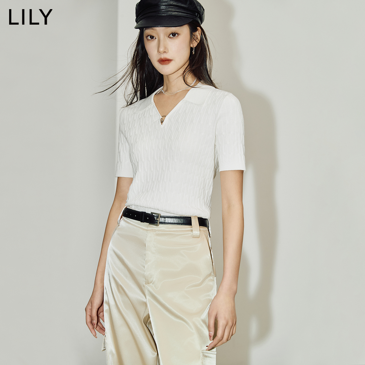 LILY2024夏新款女装时尚复古通勤款修身显瘦短袖毛针织衫打底衫女-图1