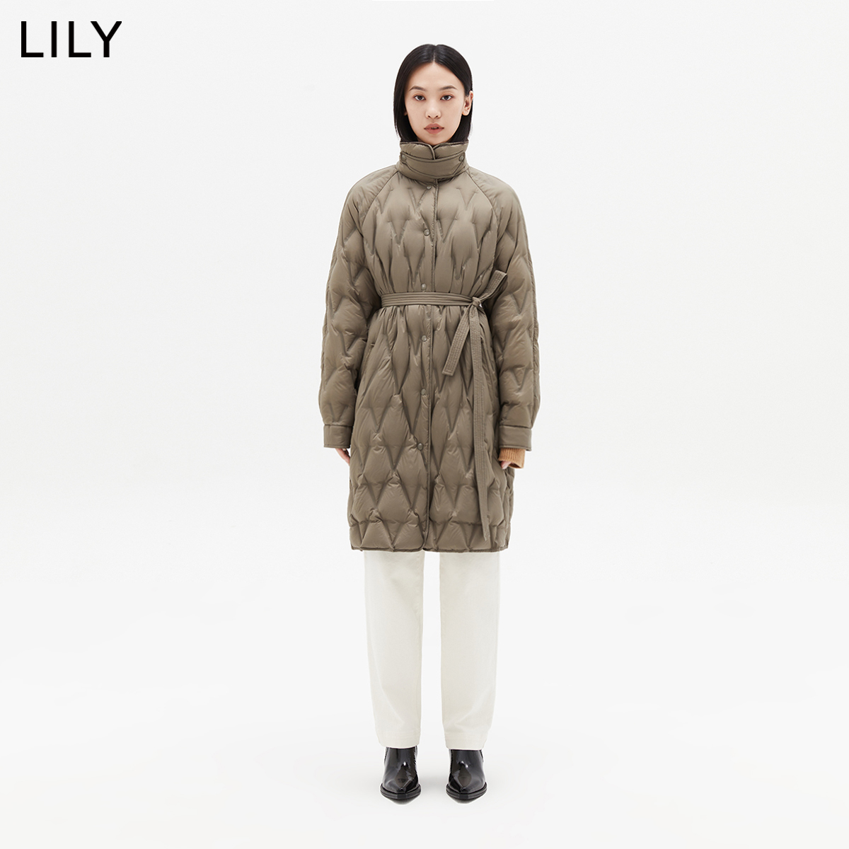 【商场同款】LILY2024春新款女装保暖鹅绒时尚通勤长款羽绒服外套-图1