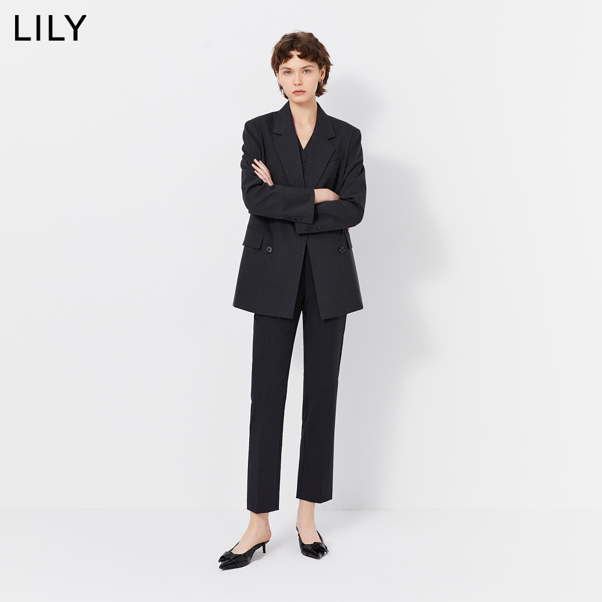 【专柜甄选】LILY2024春新款女装商务通勤复古双排扣休闲西装外套 - 图0