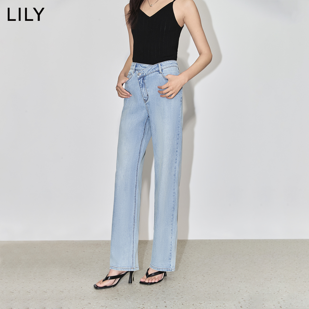 LILY2024春新款女装别致个性斜襟垂坠感休闲通勤款显瘦直筒牛仔裤-图0