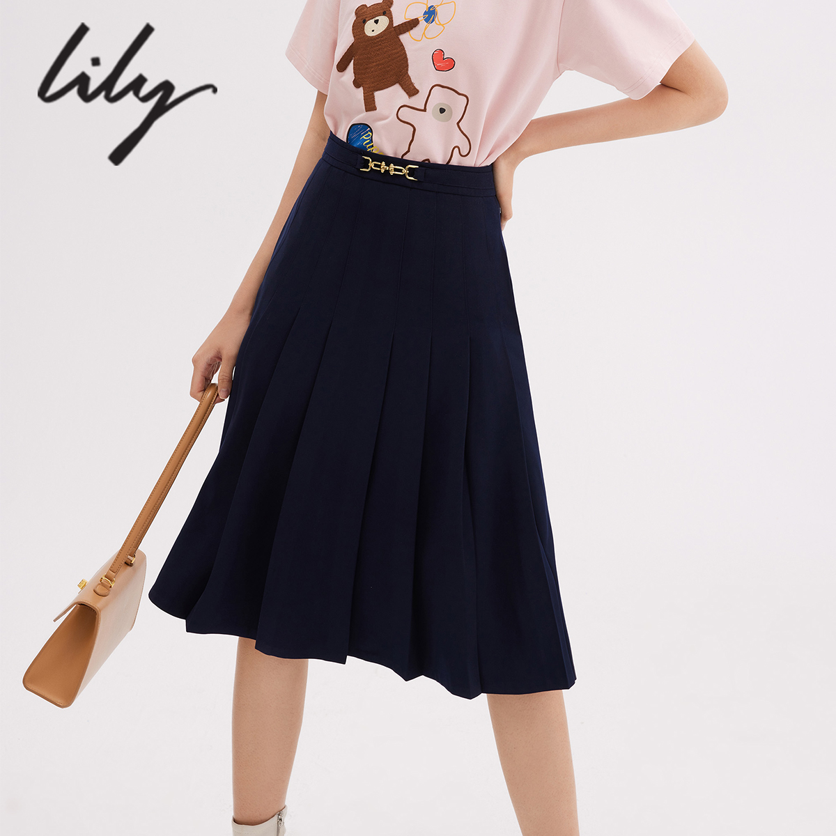 LILY官方旗舰店LILY秋新款女装气质马蹄扣高腰A字显瘦百褶裙通勤西装半身裙0