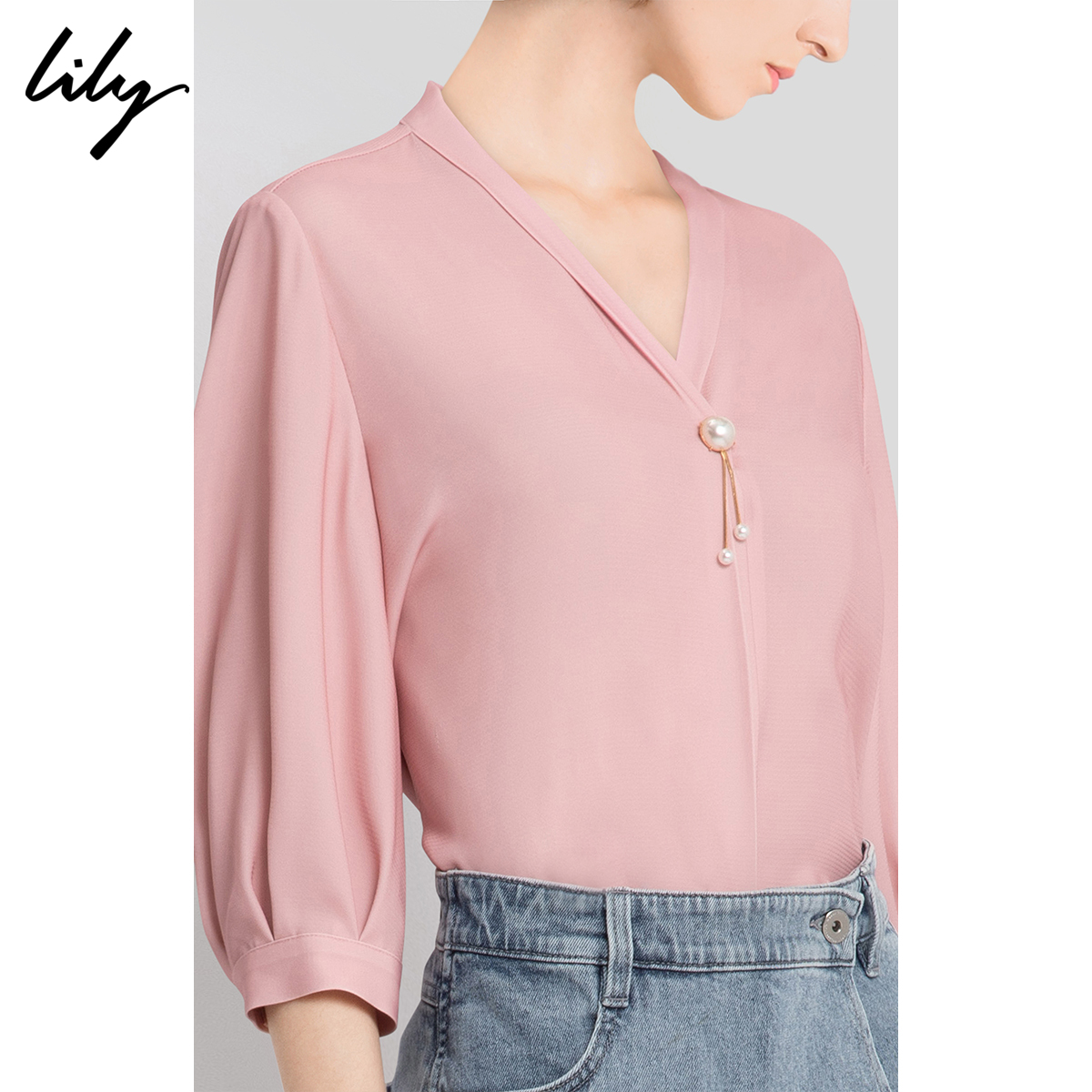 lily官方旗舰店Lily夏季新款女装仙气灯笼袖气质白色宽松V领上衣衬衫雪纺衫1