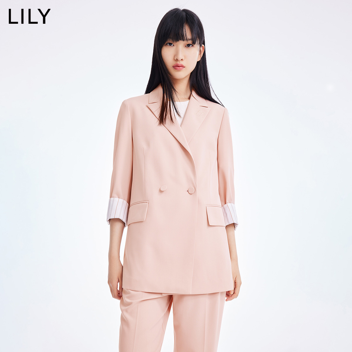 LILY2022夏新款女装气质双排扣垫肩设计宽松通勤条纹小西装外套 - 图0