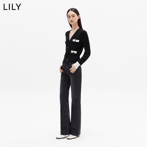 【商场同款】LILY新款女装美利奴羊毛含山羊绒通勤V领针织开衫