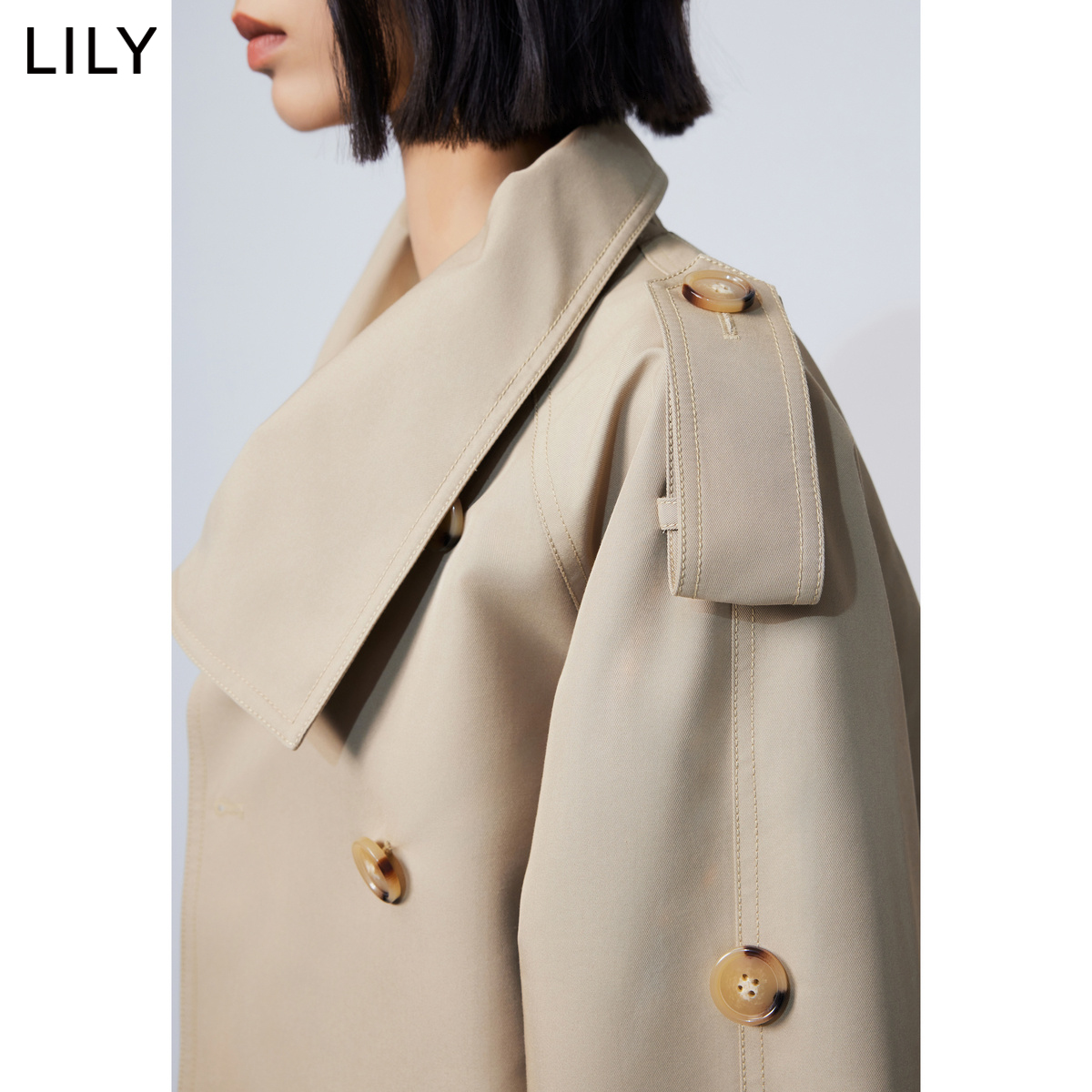 LILY2024春新款女装复古时尚通勤款美拉德穿搭卡其色短款风衣外套