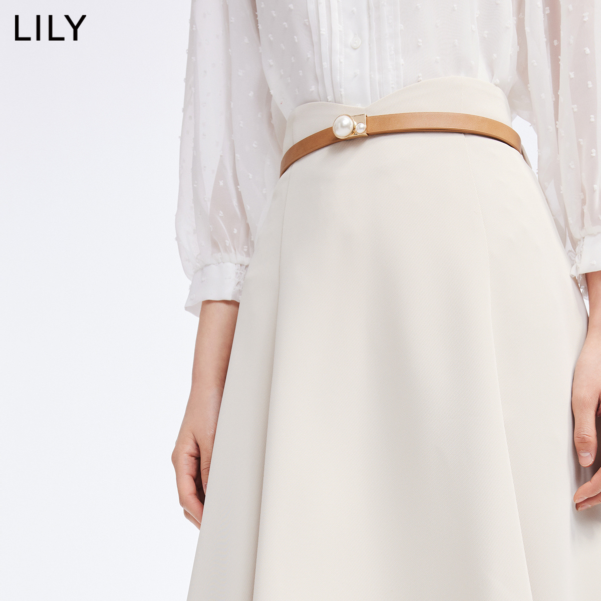 LILY官方旗舰店LILY2022夏新款女装气质纯色温柔通勤款优雅高腰显瘦A字半身裙女2