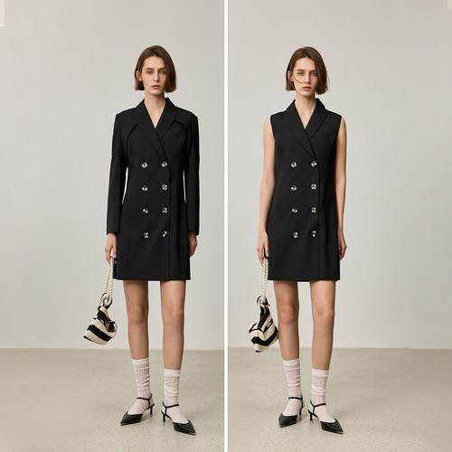 LILY新款女装优雅商务戗驳领双排扣可拆卸风衣式两穿连衣裙 - 图3