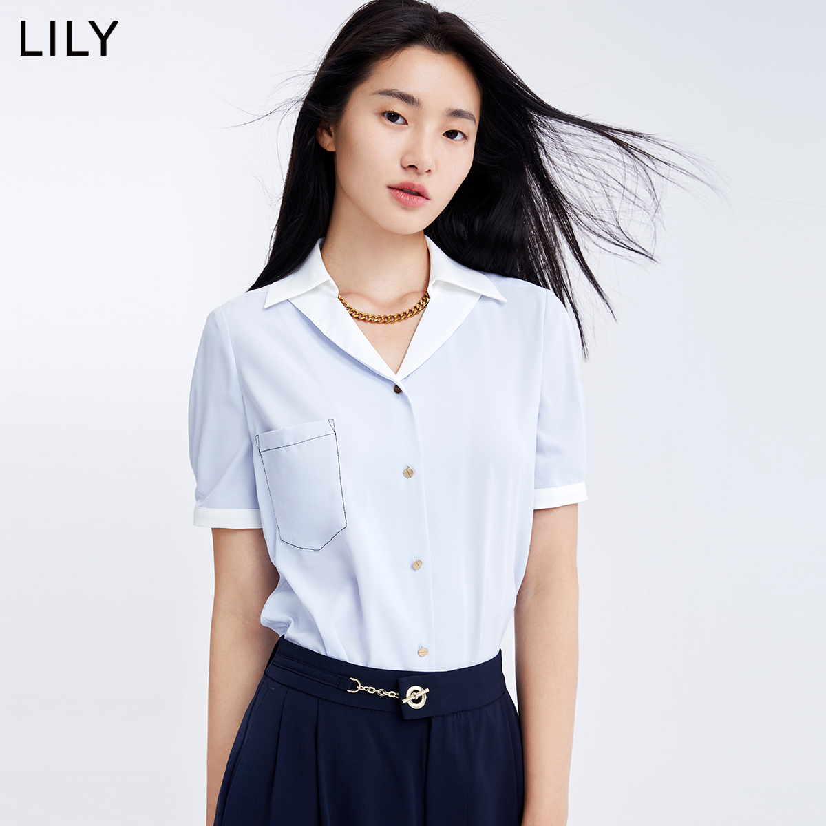 LILY2022夏新款女装时尚撞色洋气法式高级感小众宽松垂感长袖衬衫 - 图0