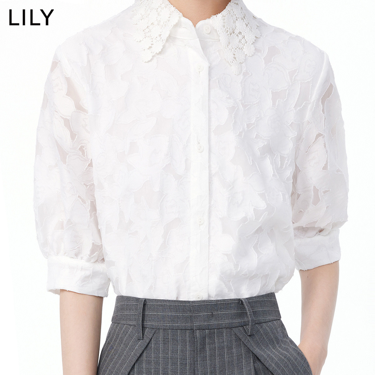 LILY2023秋新款女装别致镂空花卉上衣