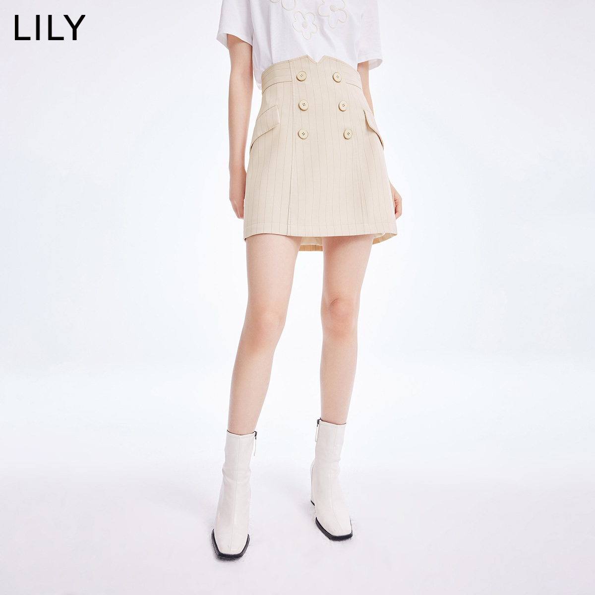 LILY2022夏新款女装气质条纹高腰显瘦短裙藏青色通勤西装半身裙 - 图0