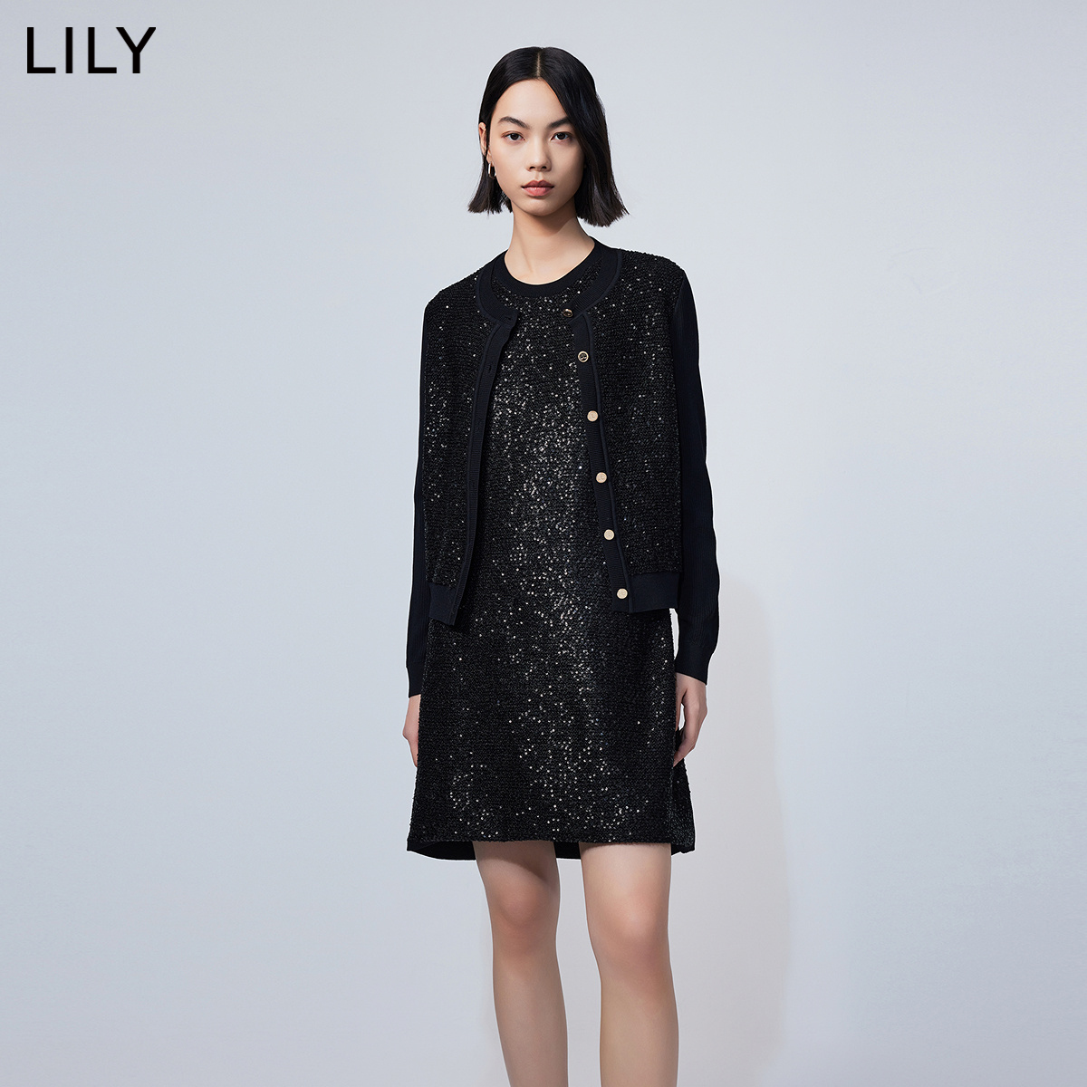 LILY2024春新款女装别致珠片气质通勤都市显瘦连衣裙小黑裙小个子-图2