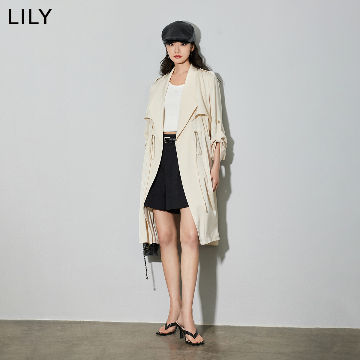 LILY2024春新款女装休闲都市英伦风时尚抽绳两穿长袖长款风衣外套