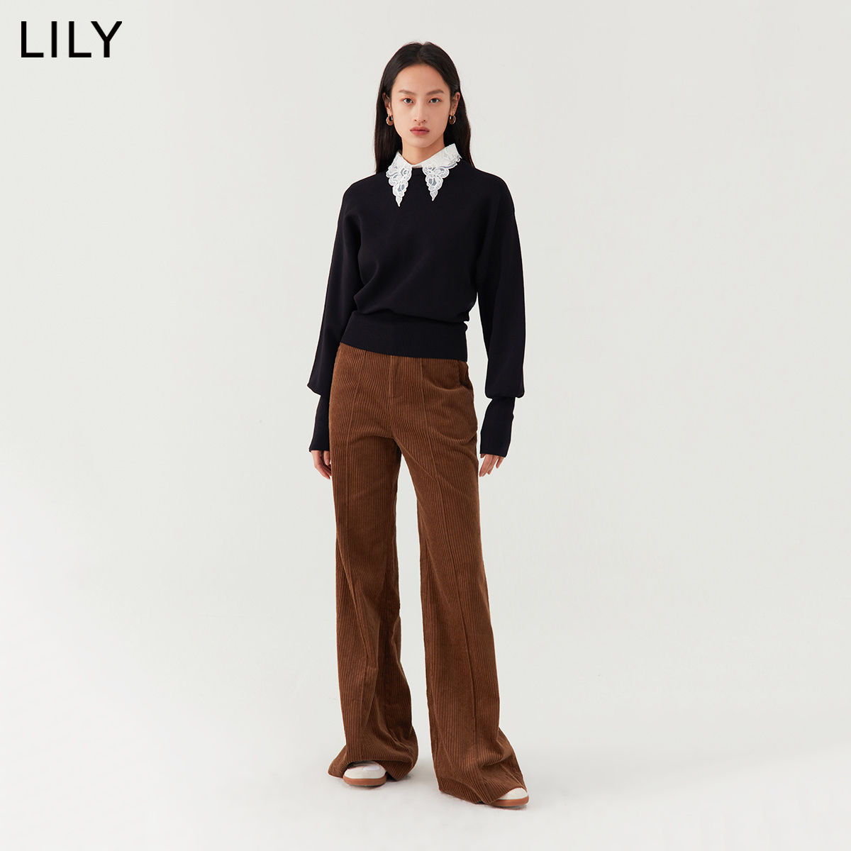 【商场同款】LILY2022冬新款女装优雅蕾丝领气质纯色收腰毛衣内搭 - 图1