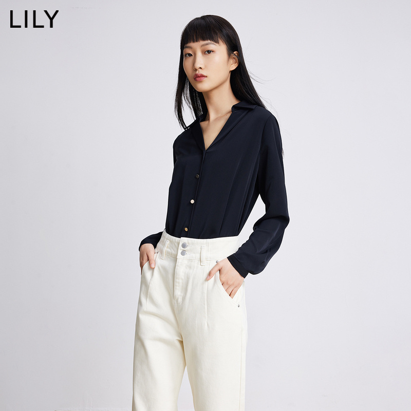 LILY官方旗舰店LILY2022春新款女装简约设计感V领通勤垂感宽松长袖白色雪纺衬衫1