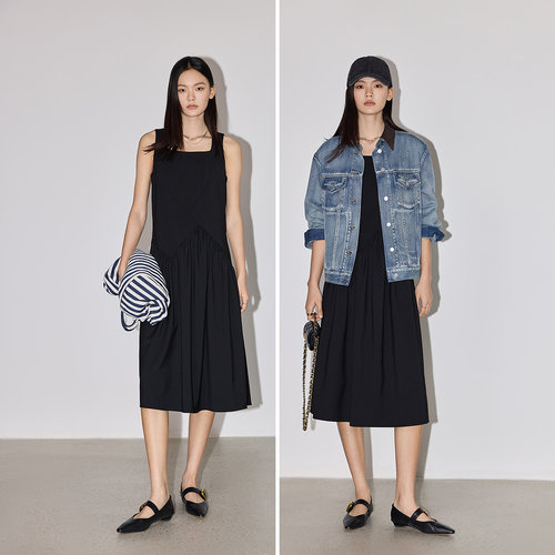 小黑裙LILY2025新款设计感气质法式方领解构收腰背心裙连衣裙女 - 图1