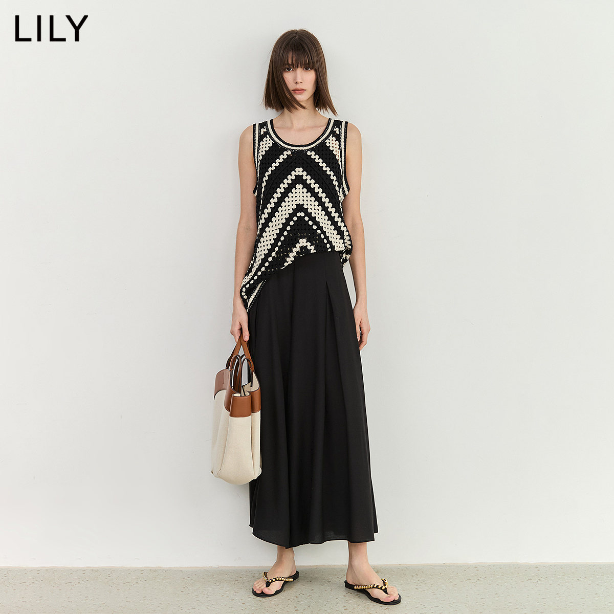 LILY2024夏新款女装设计感时尚撞色镂空洋气毛针织衫马甲叠穿上衣