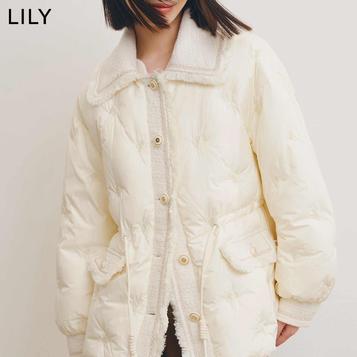 LILY2022冬新款女装复古优雅小香风气质毛呢拼接纯色款羽绒服外套-图2