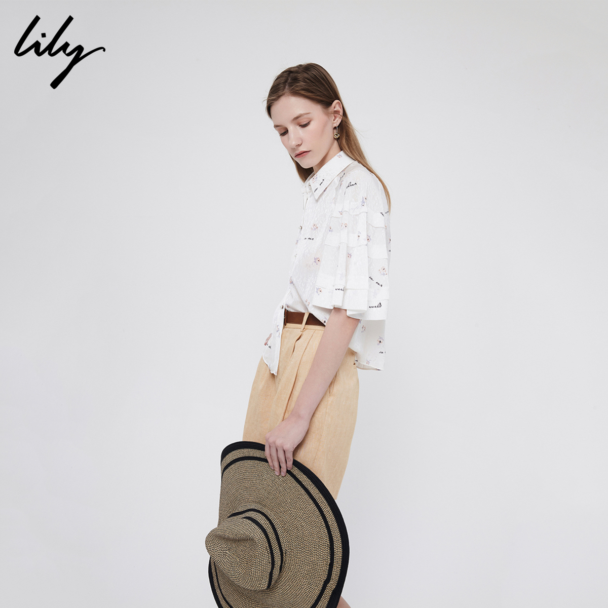 lily官方旗舰店Lily夏季新款女装复古港味提花碎花白色短袖小上衣雪纺衬衫0