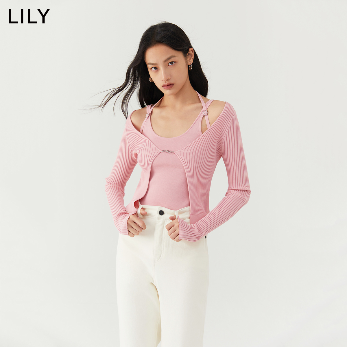 【宋茜明星同款】LILY2022冬新款时尚别致洋气两件套吊带针织毛衣 - 图1