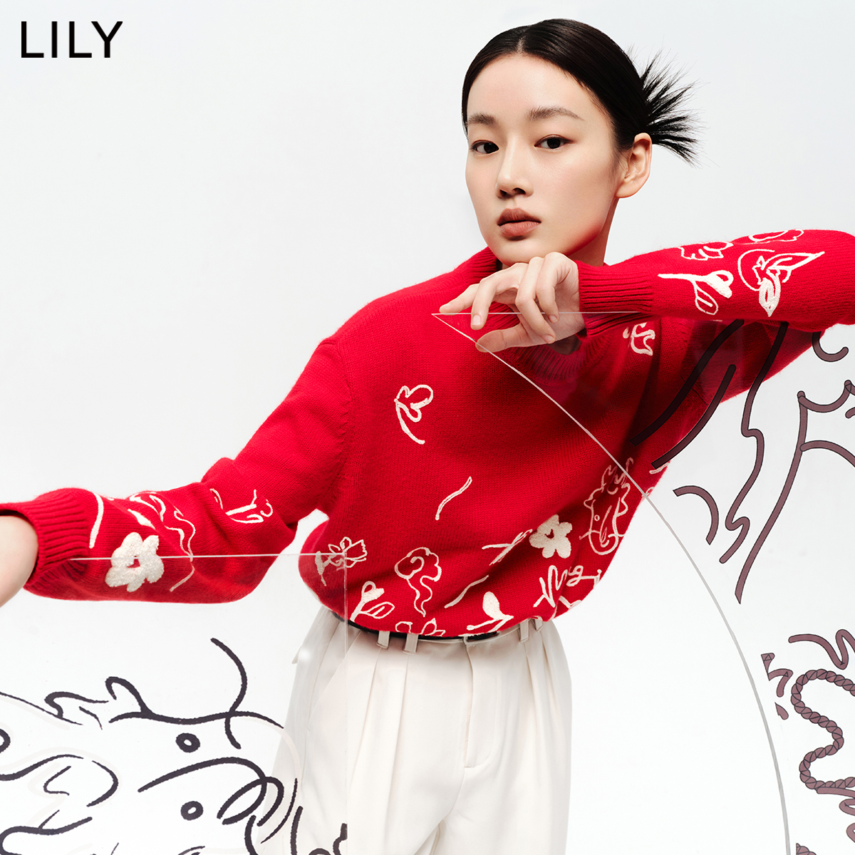 LILY2024春新款女装绵羊毛都市休闲时尚百搭针织衫套头毛衣女上衣-图1