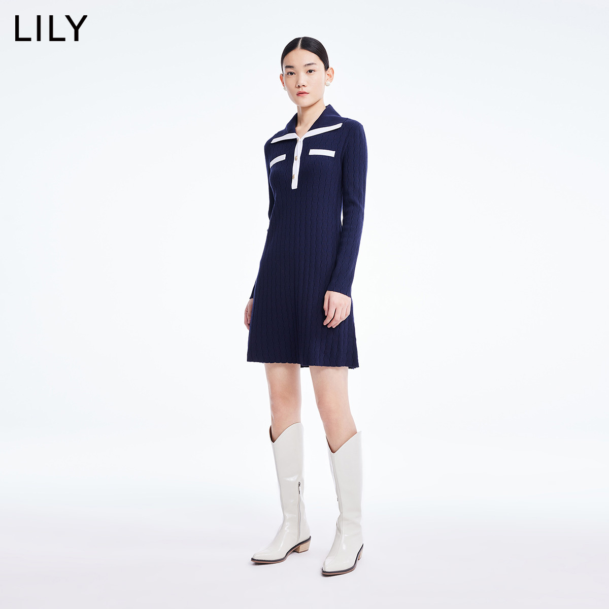 【商场同款】LILY2022春新款女装法式优雅黑白修身高腰针织连衣裙 - 图1