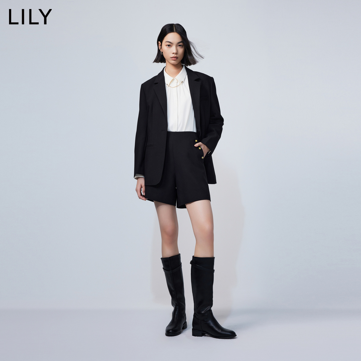 LILY2024春新款女装商务通勤时尚复古一粒扣修身休闲黑色西装外套 - 图0