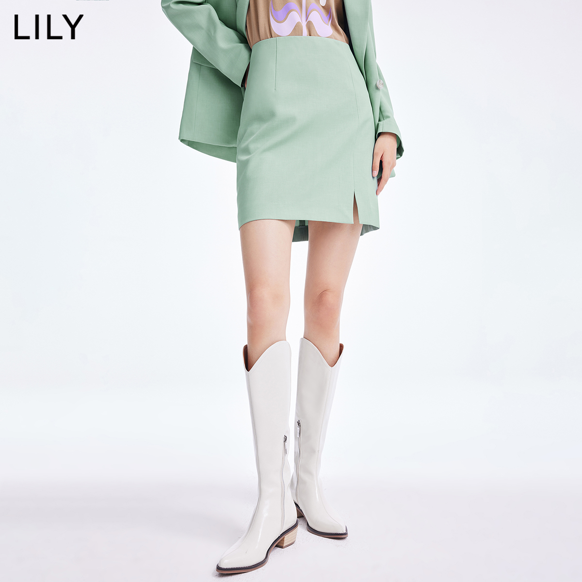 LILY官方旗舰店LILY2022夏新款女装抗皱挺括高腰显瘦开叉包臀短裙通勤西装半身裙0
