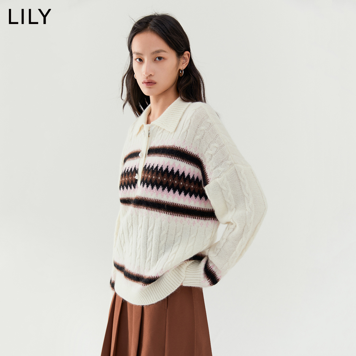 【商场同款】LILY2022冬新款女装复古洋气提花保暖羊毛长袖毛衣女 - 图0