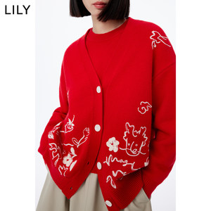 LILY2024春新款女装绵羊毛趣味复古款红色针织开衫外套v领毛衣女