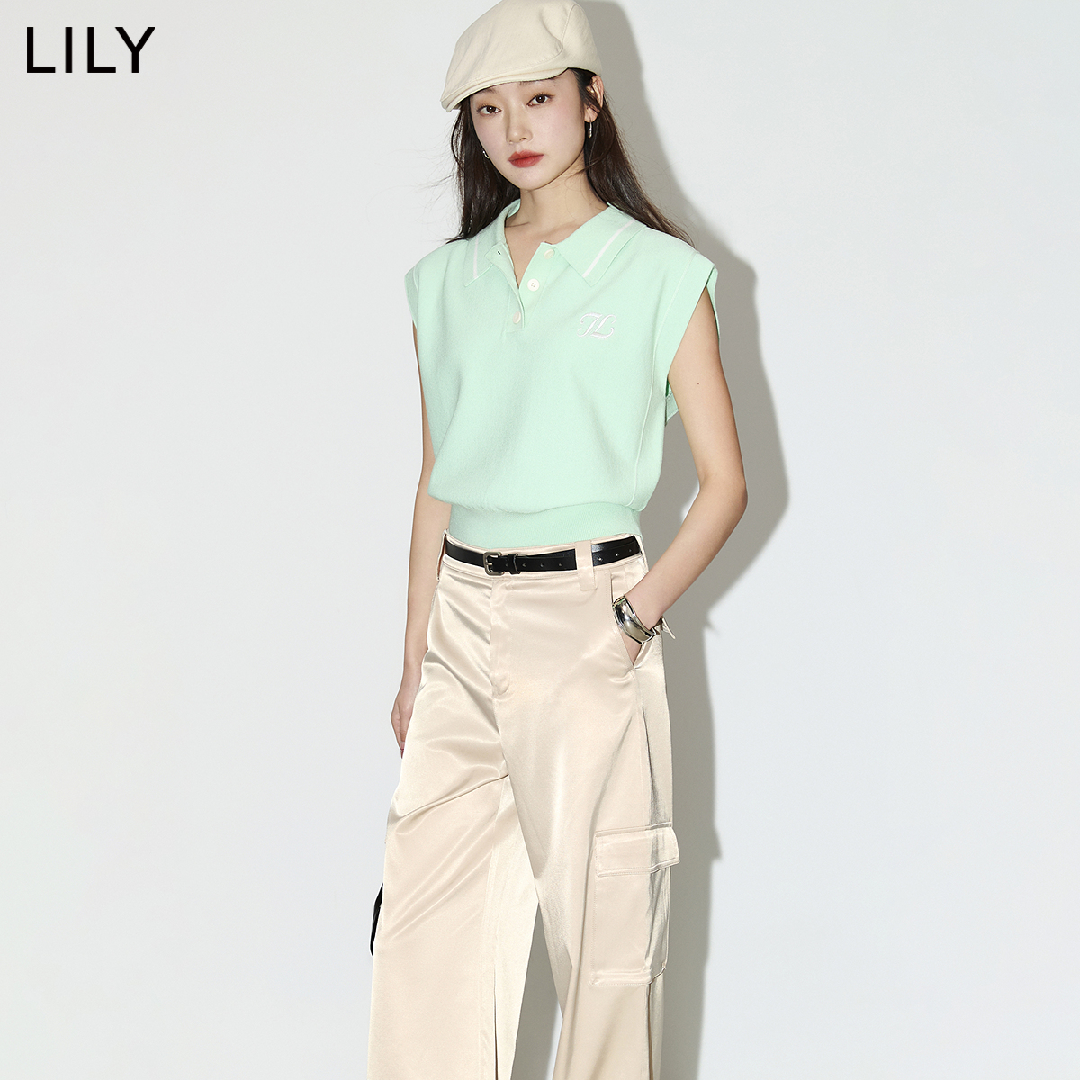 【宋茜同款】LILY2024夏新款设计感绣花美式学院风针织马甲背心女-图1