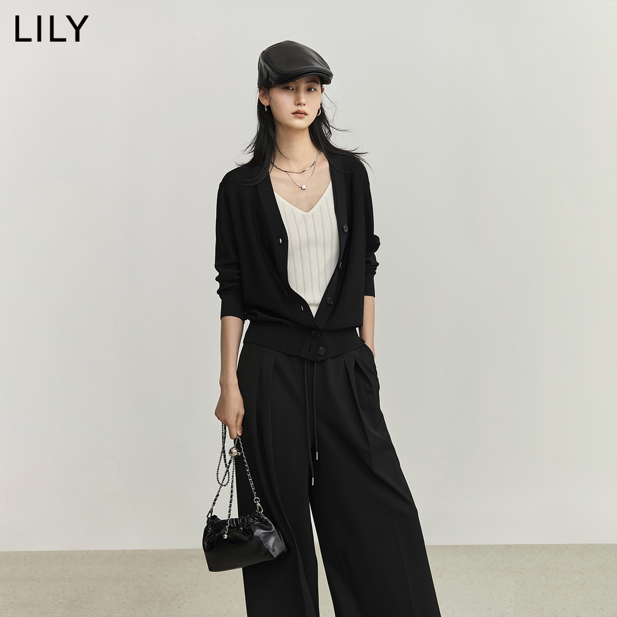 LILY2024夏新款女装气质纯色优雅通勤百搭修身收腰针织开衫外套女