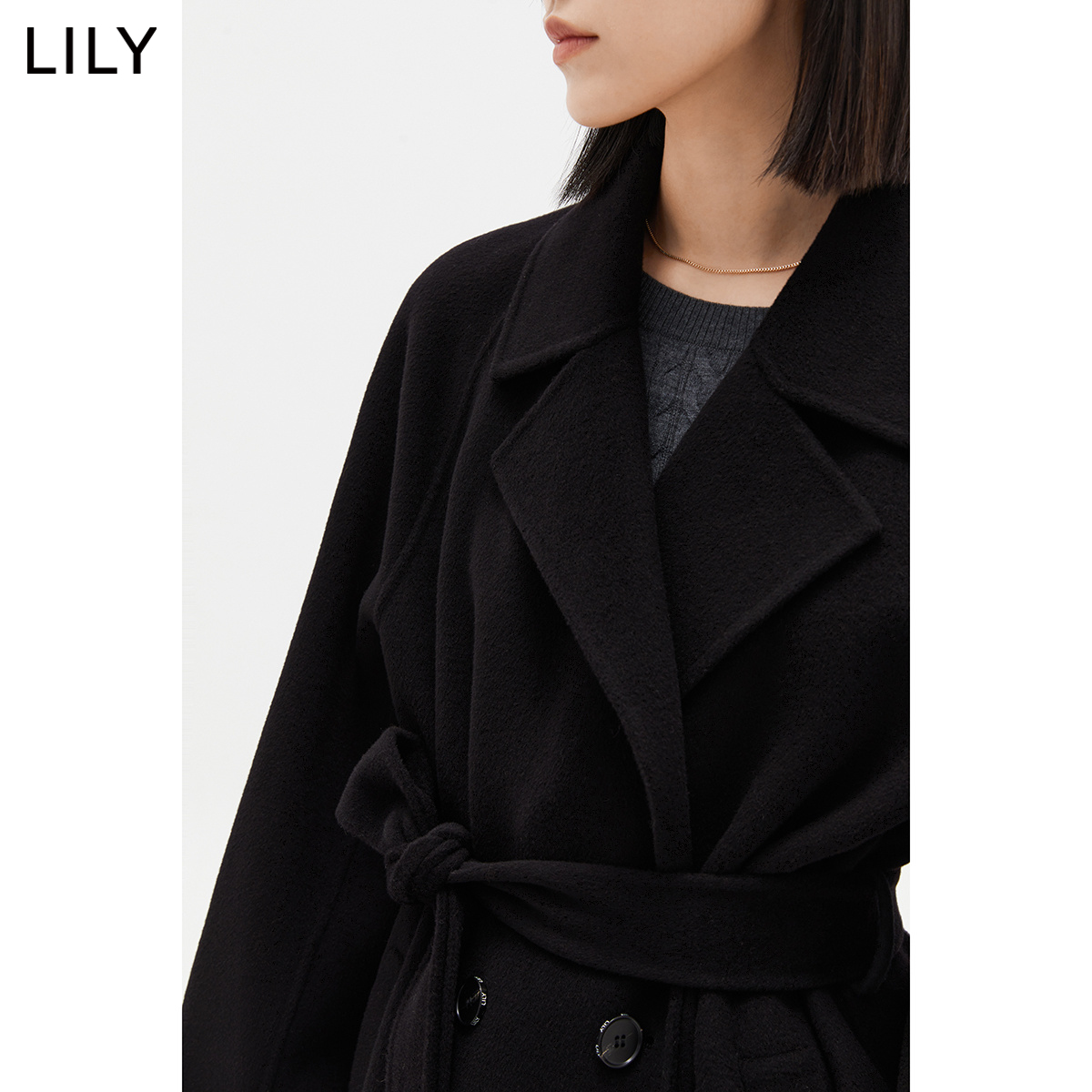 【专柜甄选】LILY新款女装全绵羊毛通勤款黑色毛呢外套大衣 - 图1