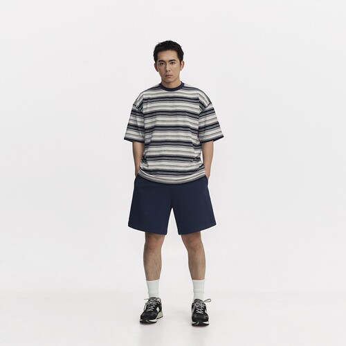 TOPTIER BRO 300g人棉混纺条纹T恤男夏季小领口宽松舒适休闲短袖 - 图0