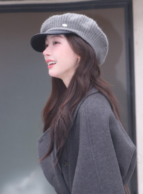 日本RX灰色针织拼皮八角帽子女高级感贝雷帽网红报童显脸小鸭舌帽