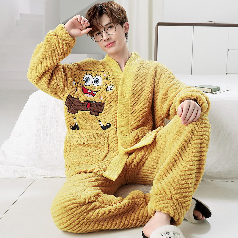 男士睡衣冬季珊瑚绒加厚加绒法兰绒卡通家居服男款套装加肥加大码
