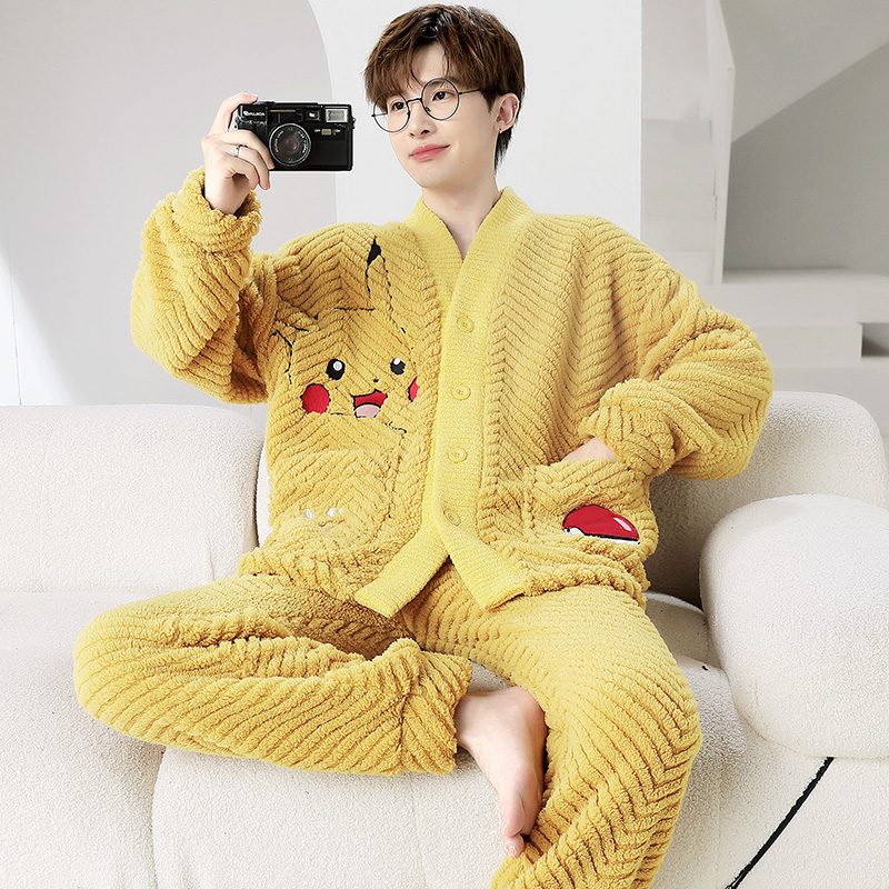 男士睡衣冬季珊瑚绒加厚加绒法兰绒卡通家居服男款套装加肥加大码