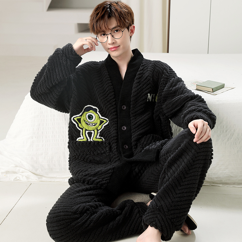 男士睡衣冬季珊瑚绒加厚加绒法兰绒卡通家居服男款套装加肥加大码