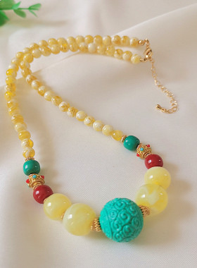 原创仿绿松石锁骨链回纹珠吊坠圆珠链蜜蜡琥珀配珠男女士文艺项链