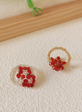 时尚百搭水晶串珠甜美双花戒指女植物花卉手工编织个性红色指环