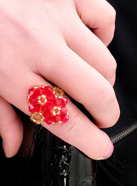 百搭红色水晶串珠甜美双花戒指女植物花卉手工编织个性时尚指环
