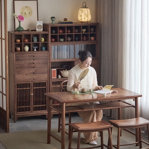 璞木宋式美学博古架新中式黑胡桃实木多宝阁茶柜书柜置物架展示柜 - 图0