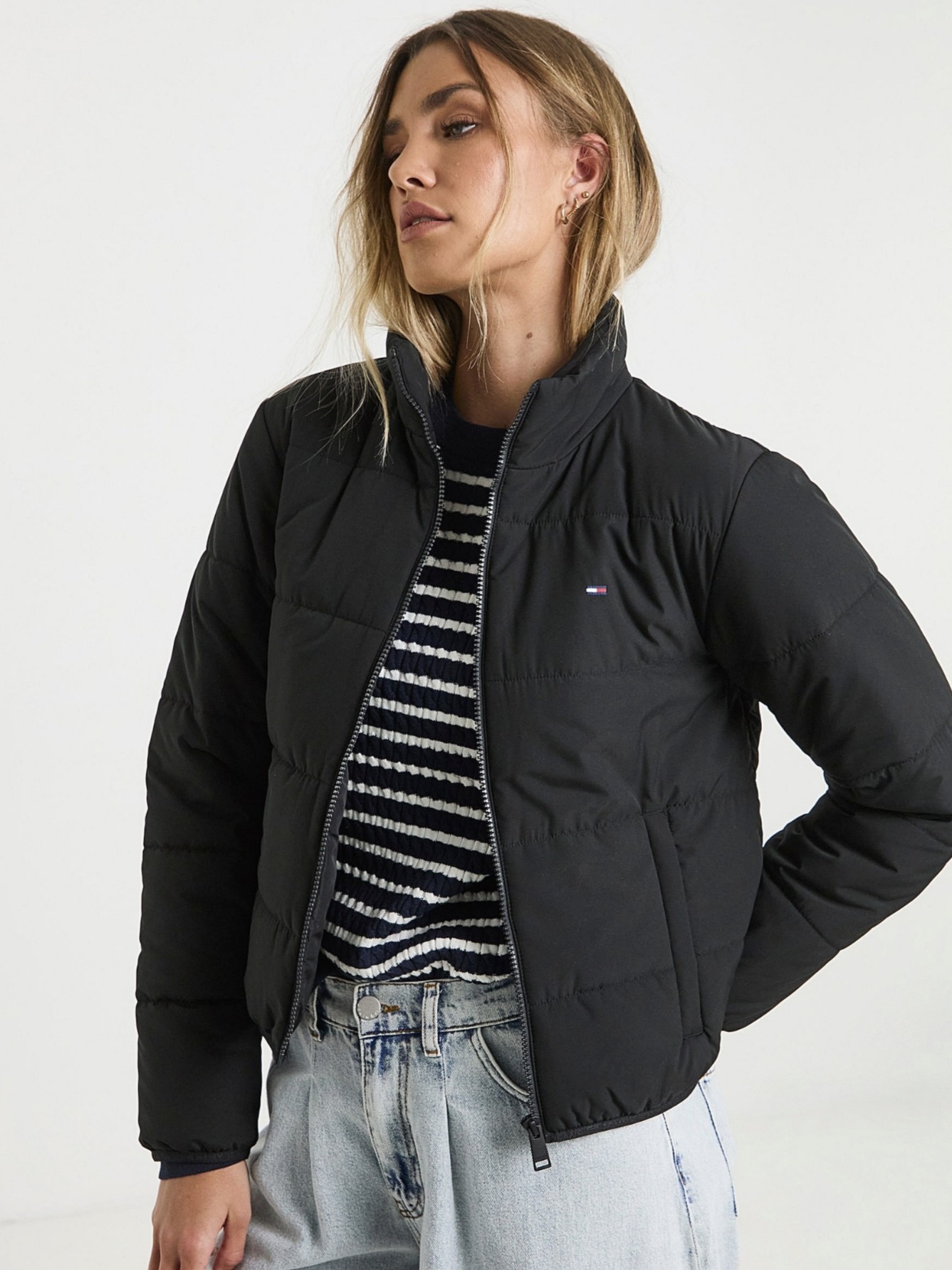 超飒！正品TOMMY25款美版高腰显腿长女款轻棉服立领棒球服外套,淘宝优惠券,粉丝福利购,淘宝优惠卷