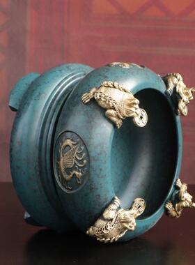 纯黄铜四神兽金蟾聚宝盆摆件