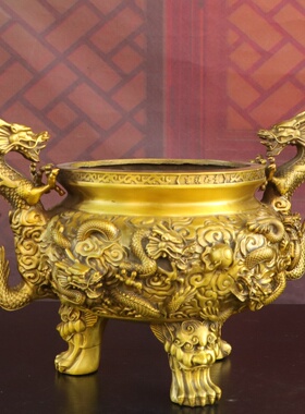 纯黄铜二龙戏珠三足鼎香炉摆件