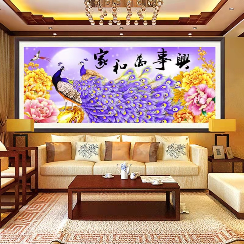 纯手工贴好的花开富贵钻石画成品牡丹花孔雀图5D新款满钻客厅挂画