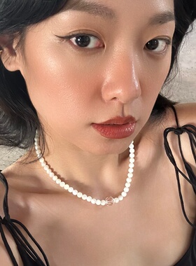 734钛钢天然贝壳白水晶清冷项链6mm白色串珠锁骨链
