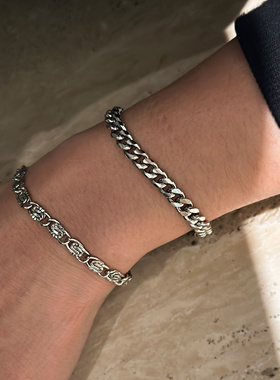 734钛钢银色古巴细车花不掉色手链欧美风复古简约中性链条手饰